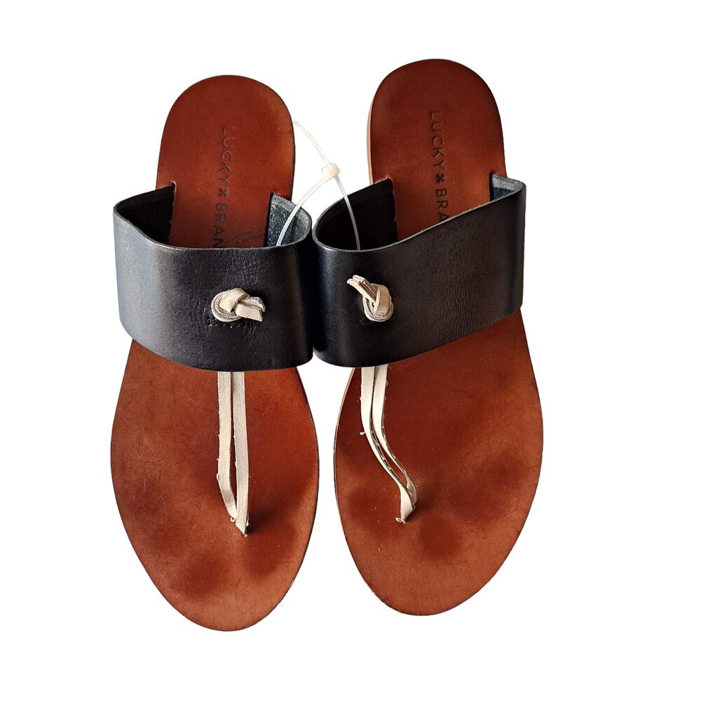 Lucky Brand Ari Black Leather White Knot Slide Thong Flat Sandals - Size 8M